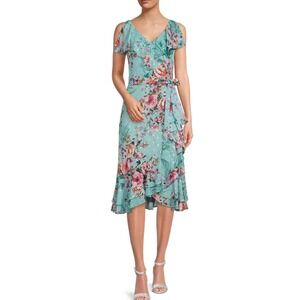 Eliza J Blue Wrap Midi Dress with Ruffled V-Neck